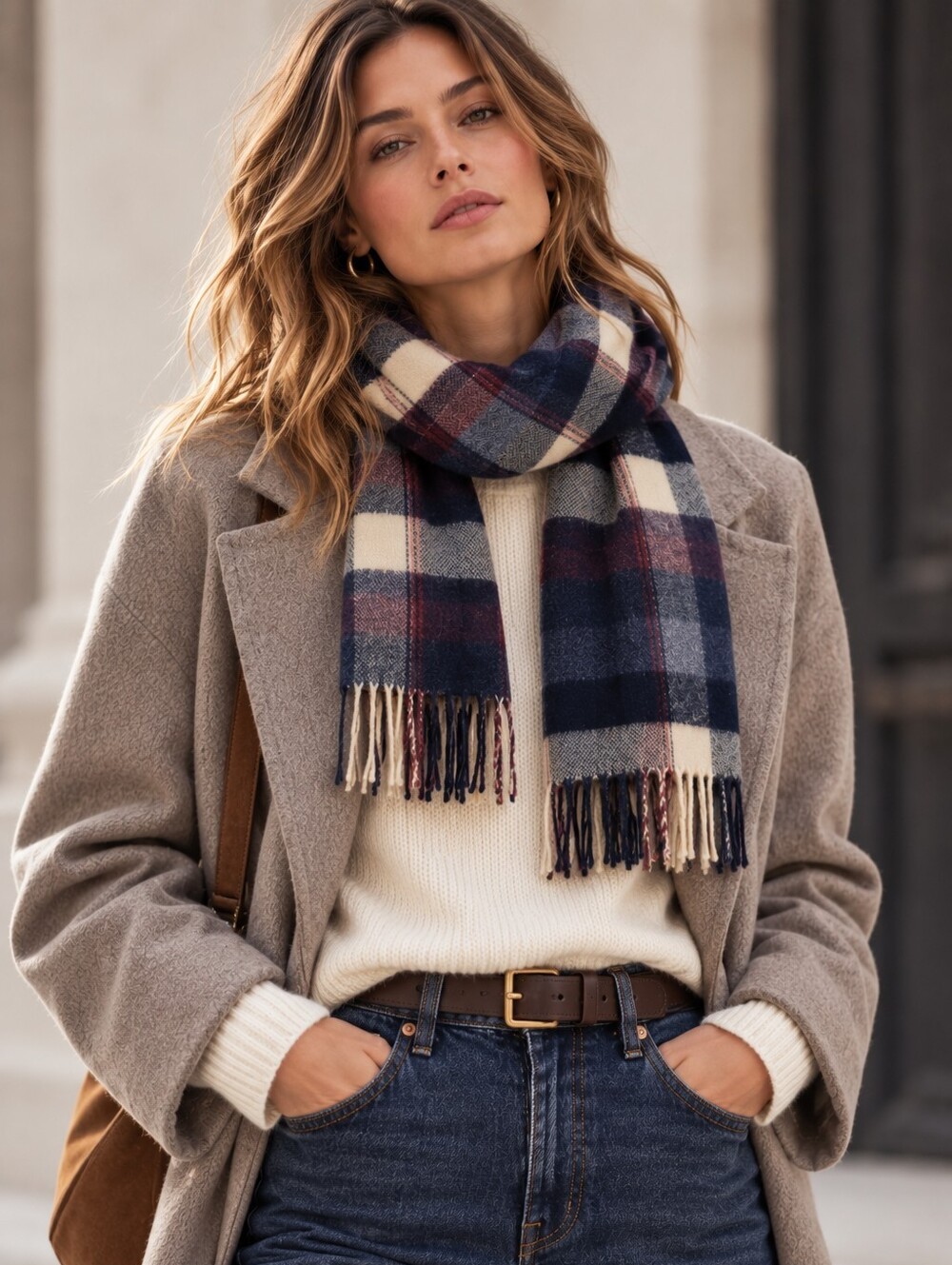 CLUB ROOM Pure CASHMERE Brown Tan Camel Plaid Tartan Fringed Winter Scarf